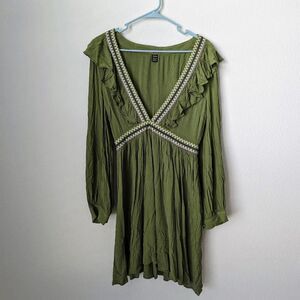 Women's SHEIN VCAY Plunging V-Neck Embroidered Ruffle Trim Dress Green Small Geo